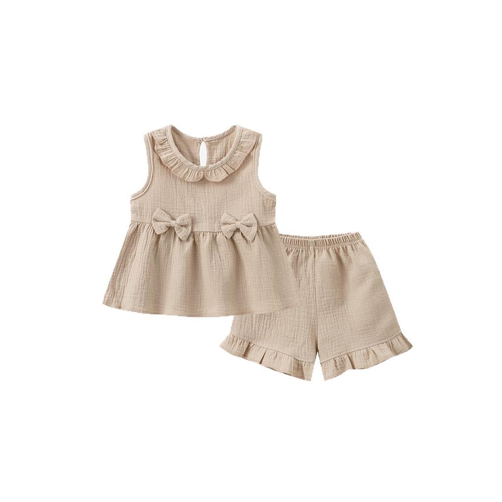 Girls Cotton Crepe Vest Set Sweet Bow Top With Ruffled Shorts Casual Fashionable Two Piece Outfit For Kids