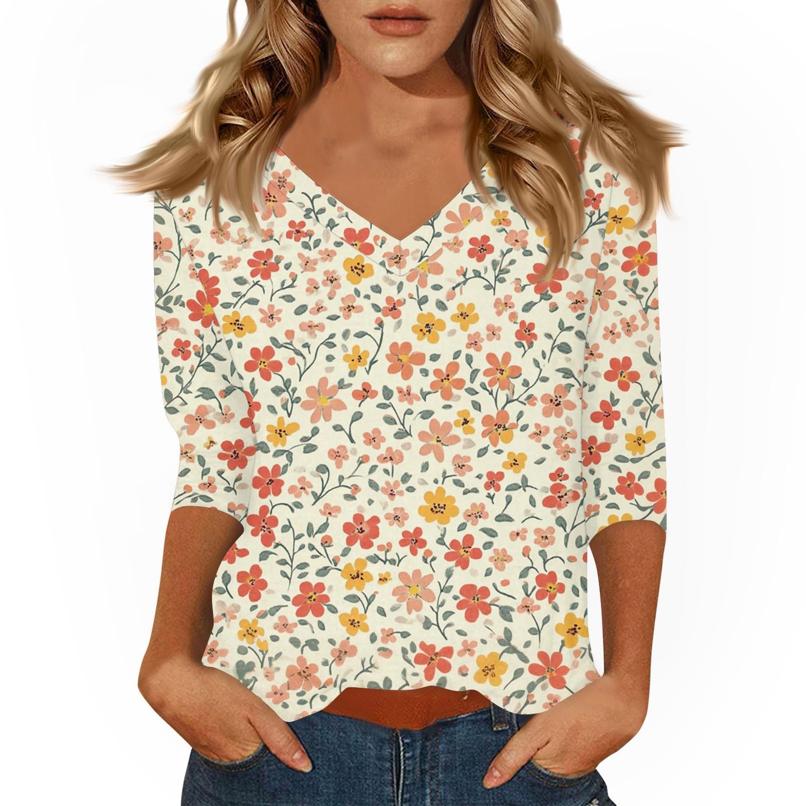 

Женские топы Рубашка с рукавом три четверти V-образный вырез Свободная повседневная рубашка Футболка с принтом XL шафрановый