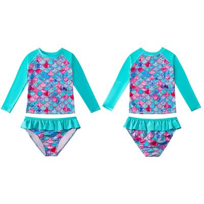 2pcs Girls Swimsuits Long Sleeve Crewneck Bathing Suit Breathable Sun Protection Rash Guard