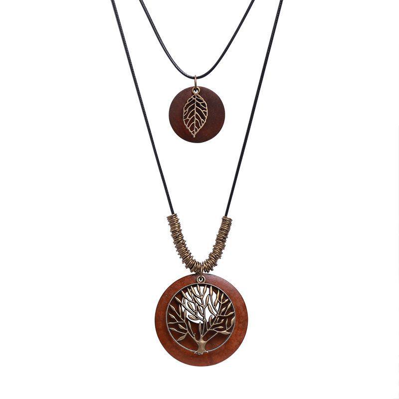 Retro Leather Rope Necklace with Wooden Alloy Pendant for Cotton and Linen Sweaters