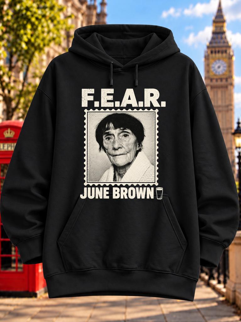 Unisex Hoodie F E A R June Brown Monochrome Vintage Portrait Framed Like a Postage Stamp with Distressed White Lettering And Small Drinking Glass Icon