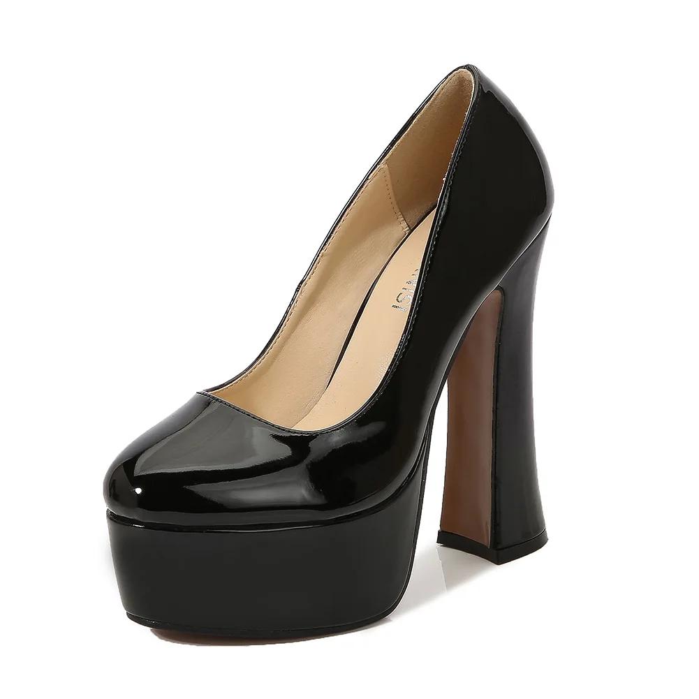 Women Chunky High Heels Sexy Platform Pumps Patent Leather Miss Heels Drag Queen Trans Party Ball Black Zapatos Para Mujeres 44
