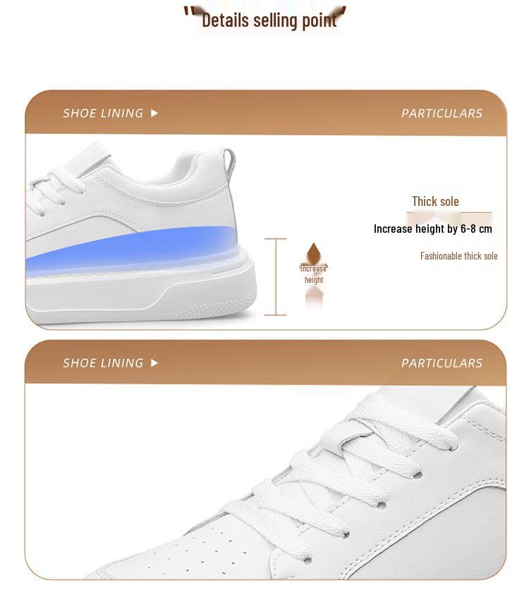 Men's 8CM Height Increasing White Sneakers - Large Size, Thick Sole, Casual Sports Shoes