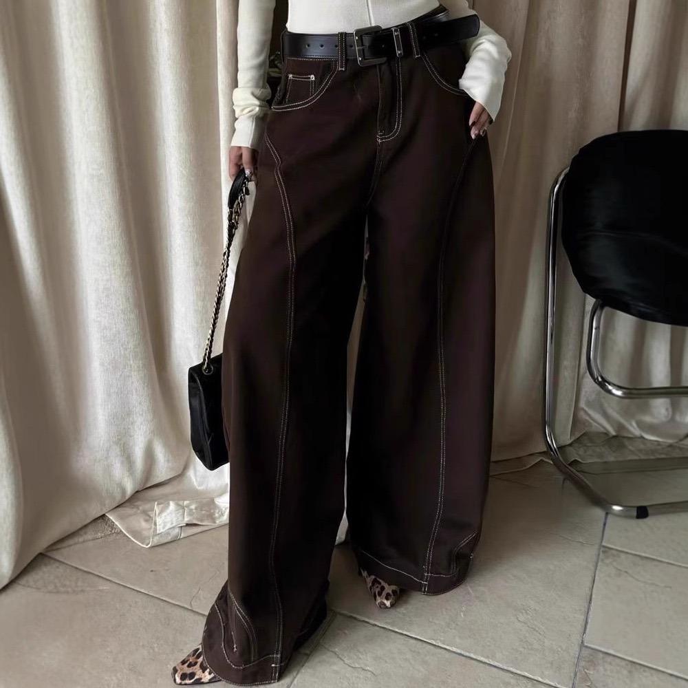 RogueWave Duży Rozmiar Brązowe Luźne Jeansy Damskie Retro Szew z Odwróconym Szwem Wysoki Stan Szeroka Nogawka Spodnie Hip Hop Korean Streetwear
