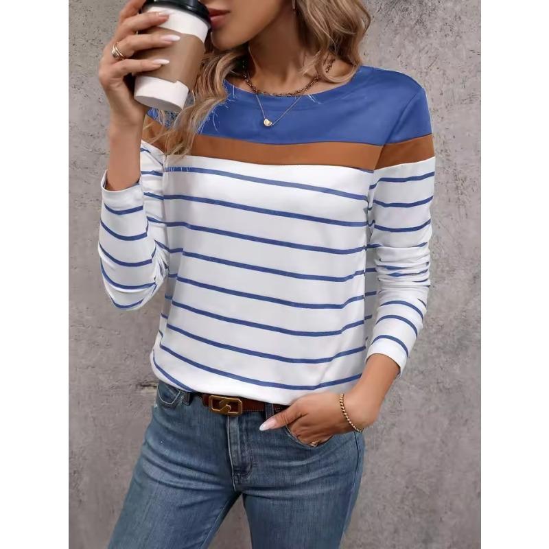 

Women s T-shirt 3D Stripe Color Block Print Fashion Long Sleeve Round Neck Regular Top Holiday Weekend Spring and Autumn 5XL