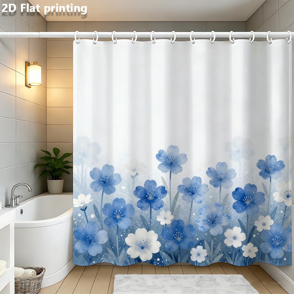 

Blue & White Floral Shower Curtain 1Pc Polyester 2D Flat Print 70.8X70.8 Soft Pastel Blooms On White Base W60H190(CM)-1 Pcs