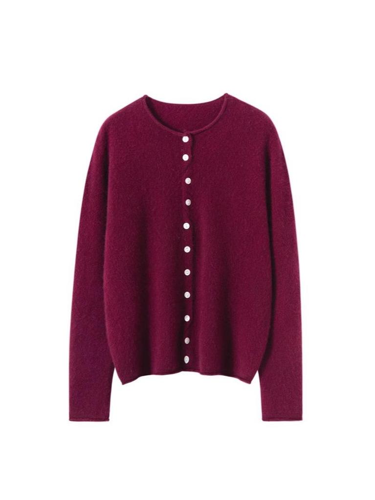 Autumn Winter Women's Solid Cashmere Sweater: Round Neck, Rolled Edge, Slimming Multi-Button Cardigan