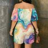 Women Plus Size Off Shoulder Short Sleeve Galaxy Marble Print Romper Loose Fit Side Pockets