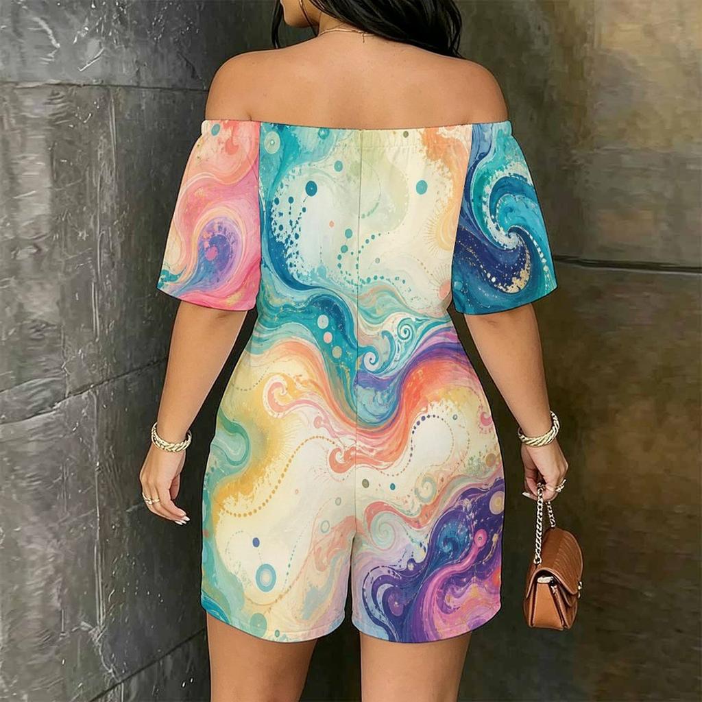 Women Plus Size Off Shoulder Short Sleeve Galaxy Marble Print Romper Loose Fit Side Pockets