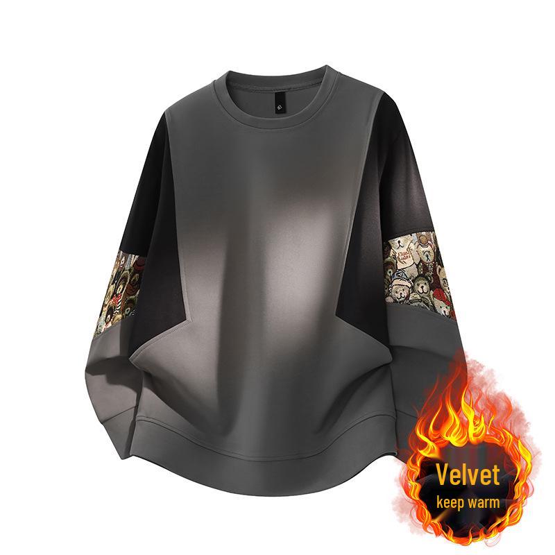 ACU Menswear Fleece-Lined Men's Sweatshirt - Autumn/Winter 2026, Bear Sleeve Patchwork, Jacquard, Round Neck, Color Block Design