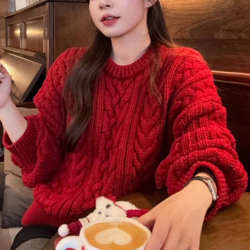 High quality thick stick needle twist sweater women's autumn and winter loose lazy wind knitted sweater top thick