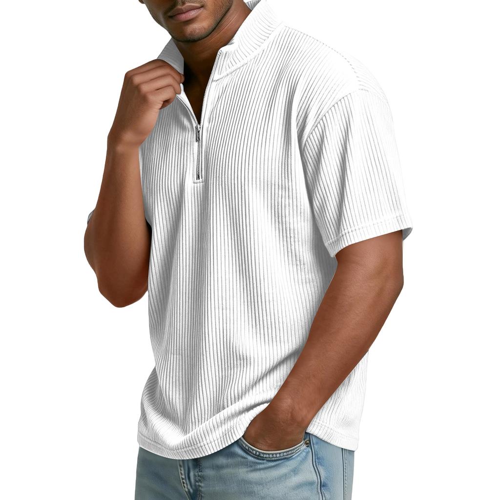 Top Pulóver Casual para Hombre de Manga Corta con Cremallera Media y Tejido de Canalé, Cuello Alto, Textura Suave, Corte Relajado, Camisa para Uso Diario