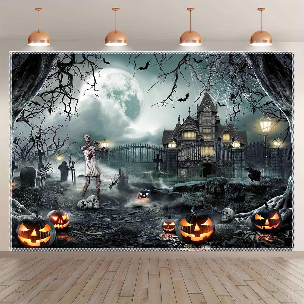 Halloween background cloth, terrifying moonlit party photo background, pumpkin lantern banner decoration in the cemetery