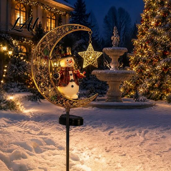 Solar Stake Lights for Walkways Christmas Crescent Light Moon Snowman Garden Waterproof Night Scene Atmosphere LED Pathway Lamp Outdoor Yard