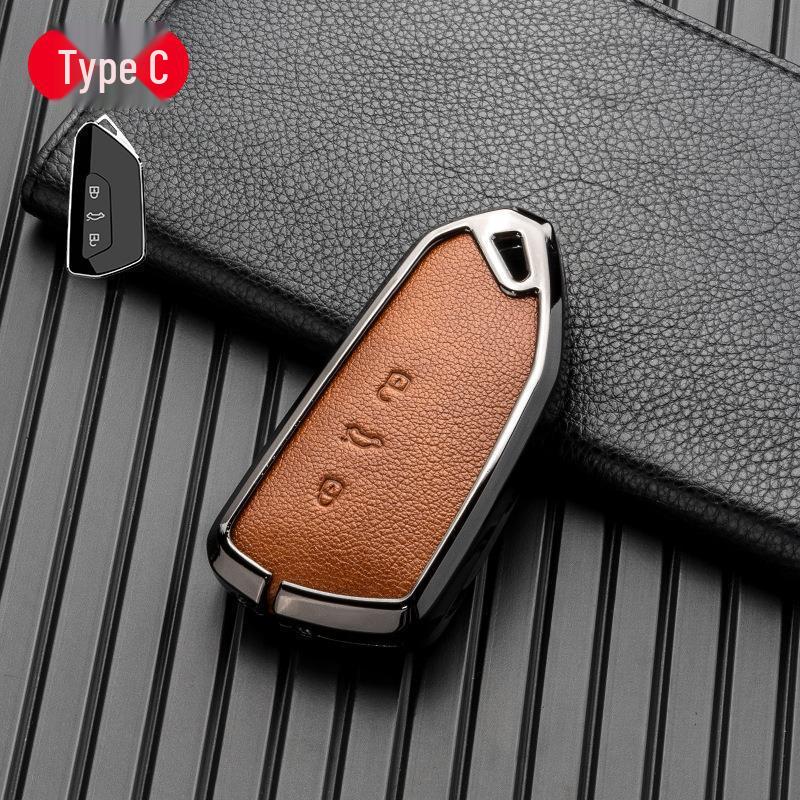 Volkswagen/Skoda Double-Sided Leather Zinc Alloy Car Key Case - Non-Signal Blocking, Full-Wrap Design