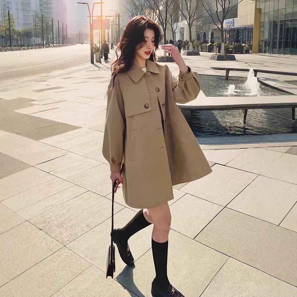 Women's Mid-Length Khaki Windbreaker Coat - Spring/Autumn 2026, Casual Lantern Sleeve Design