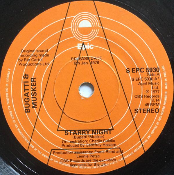 

7inch Record DOMINIC BUGATTI FRANK MUSKER Starry Night SEPC5930PROMO Epic 1977 UK SoulFunk Used