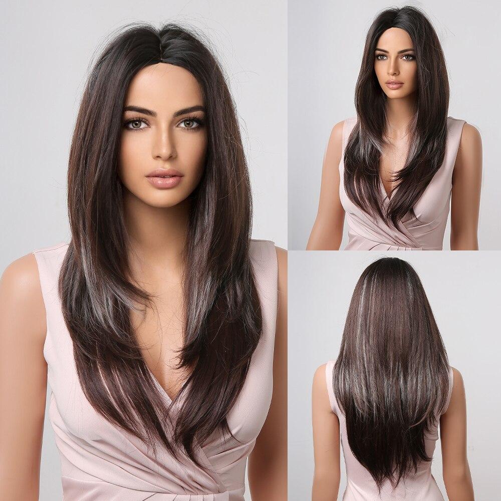 EASIHAIR Dlouhé hnědé smíšené syntetické paruky pro ženy střední pěšinka rovné cosplay paruky paruka z přírodních vlasů paruka z vláken odolných vůči teplu