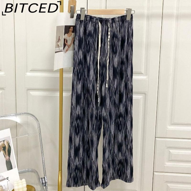 BITCED Vintage-Style Wide-Leg Trousers for Women Spring/Autumn Striped Tie-Dye High-Waisted Straight-Leg Casual Trousers with Drape