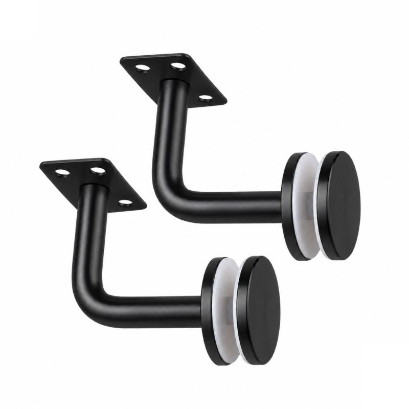 2-Piece Glass Support Hardware Set for Stair Rail, Featuring a Black Finish and Fixed-Plate Form for Mounting Tasks