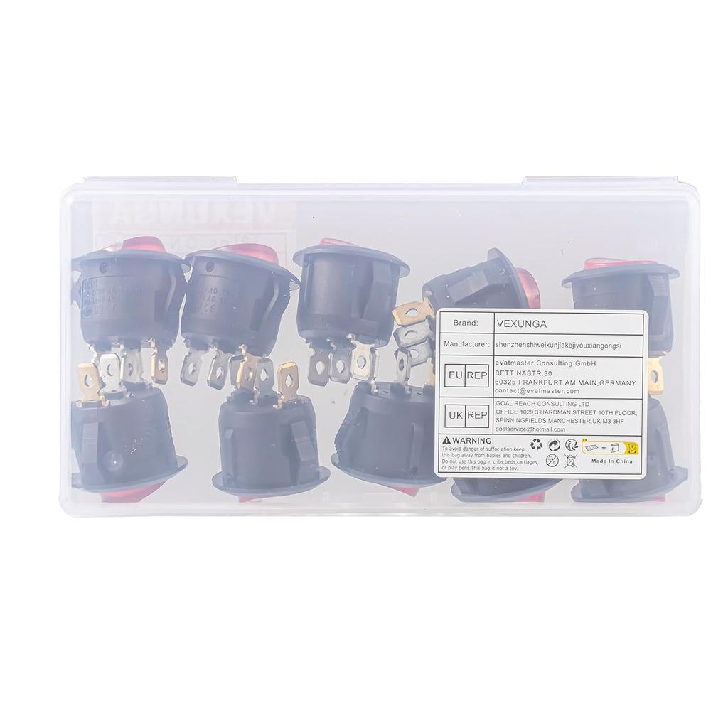 Round Rocker Switch Red Light Illuminated On Off 3 Pin 2 Position Mini Rocker Switch 125V 10A 250V 6A KCD1 Small Circle Toggle Switches For RV Car