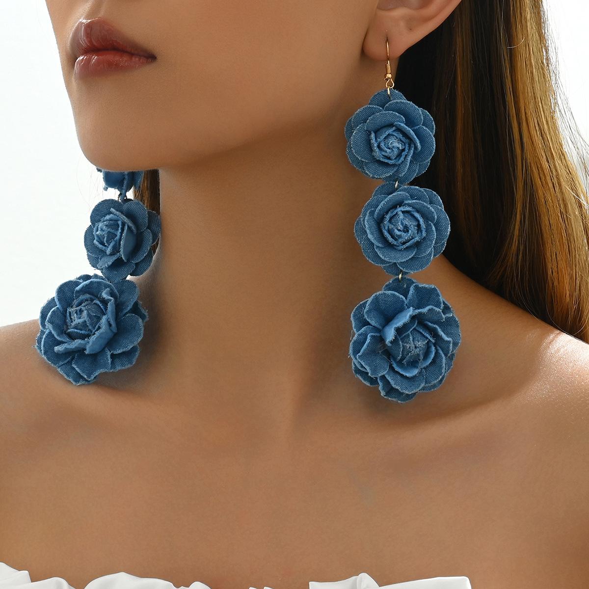 

Elegant Blue Denim Lace Flower Earrings for Women