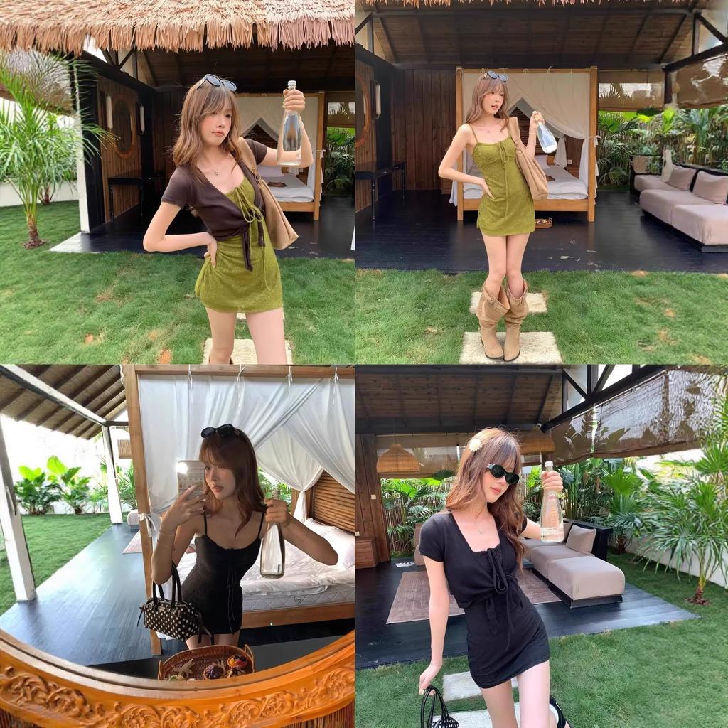 Vintage olive green jacquard lace-up suspender dress for women, summer pure desire, spice girl, waist and thin, hip-wrapped a-word short skirt