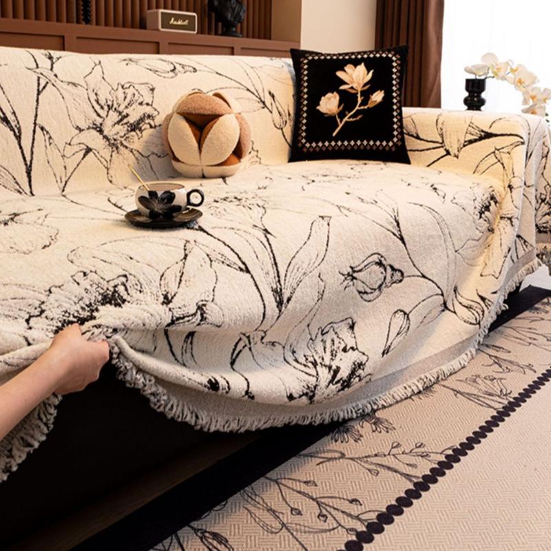 Half Fleece Flower Sofa Cover With Tassels Non Shedding Autumn Winter Sofa Blanket Towel Anti-Dirt Couch Cushion For Living Room