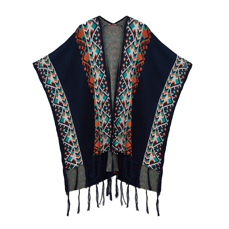 Lijiang Bobbin Tea Этнический стиль Шаль Дорожная одежда Верхний плащ Пальто Накидка Шарф Женщины 167 тёмно-синий