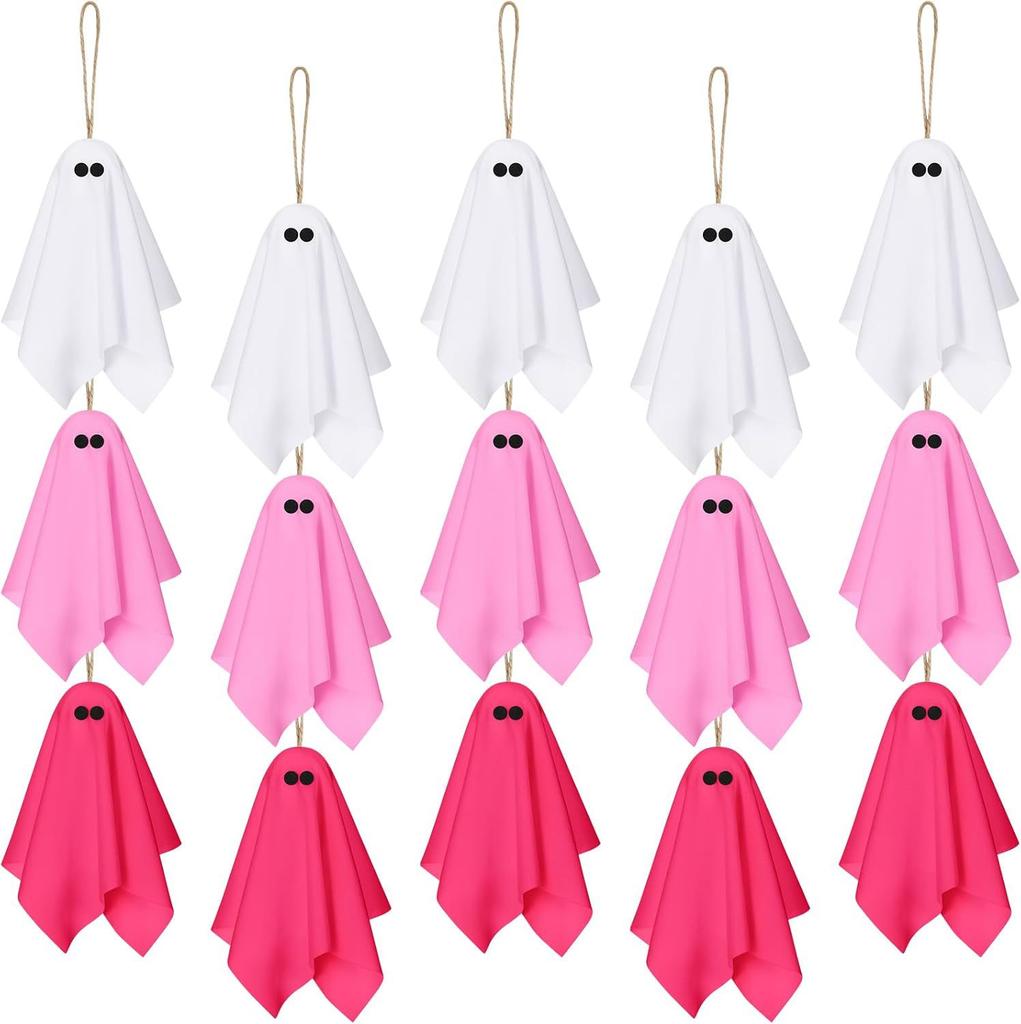 15-piece pink Halloween Ghost Fabric Decoration Pastel Hanging 10.16 cm Silk Screen Printed for Home Garden Holiday Parties
