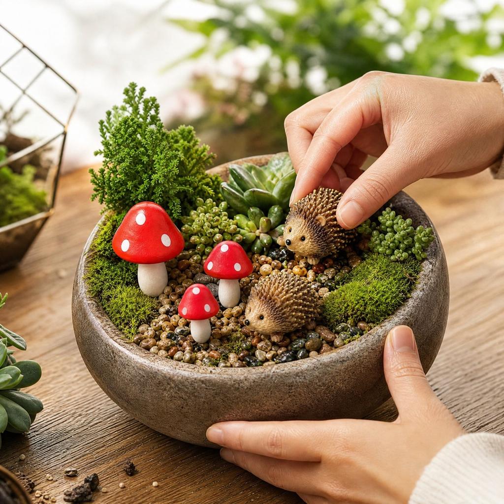 Miniature Garden Accessories with Resin Hedgehog and Wooden for Garden Decor