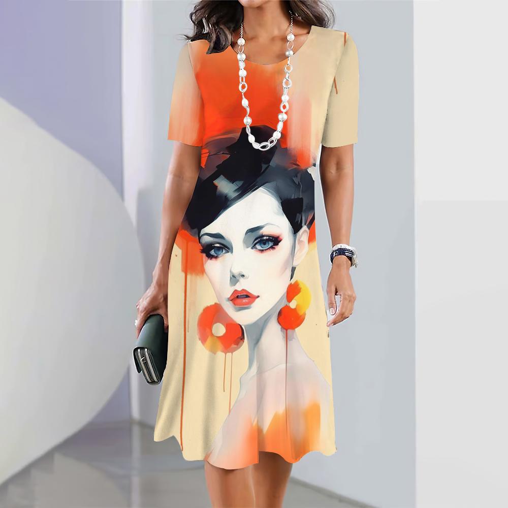 2024 New 3D Face Print Dresses For Women's Elegant Midi Dresses Summer Female Short Sleeve Dress Fashion Oversized Clothes