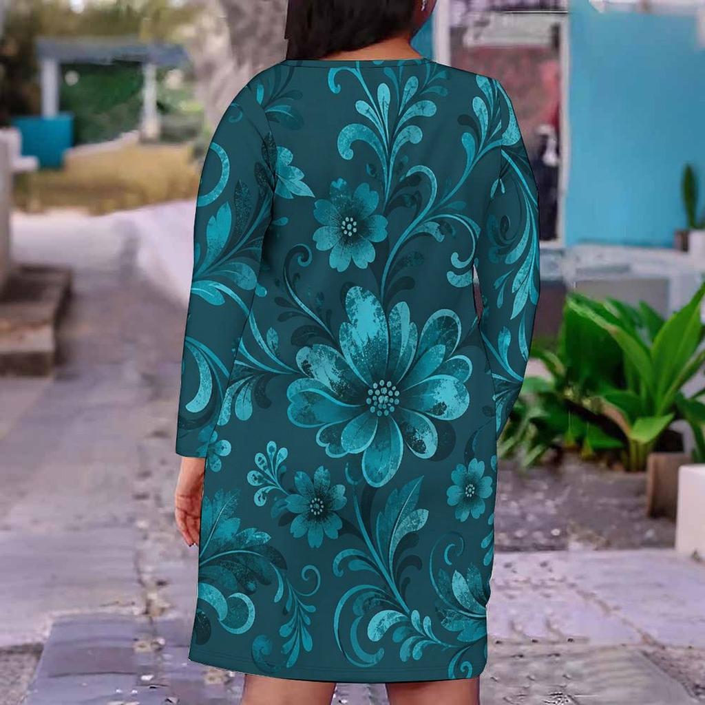 Women Plus Size V Neck Long Sleeve Teal Floral Printed Fitted Straight Dress