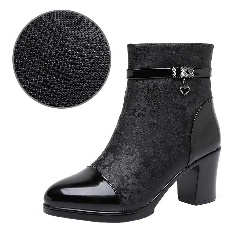 7см Маленький размер 32-43 Модные вышитые ботинки из мягкой кожи на платформе Осень Зима 2025 Средний блочный каблук Ботильоны на щиколотке с мехом 43 4155₽