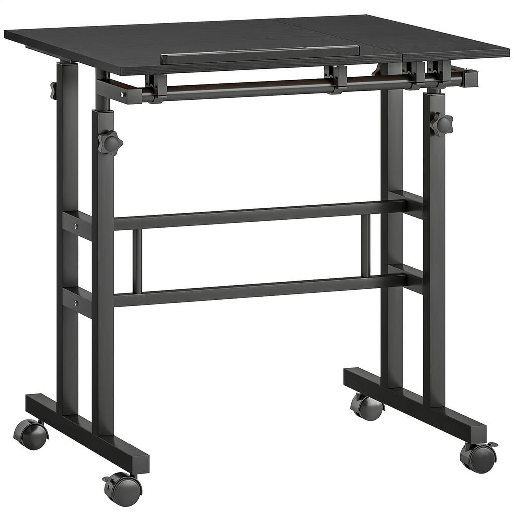 Sit-Stand Desk, Height-Adjustable, 70 x 60 cm, on Casters, Tilting Top, Black Metal Frame