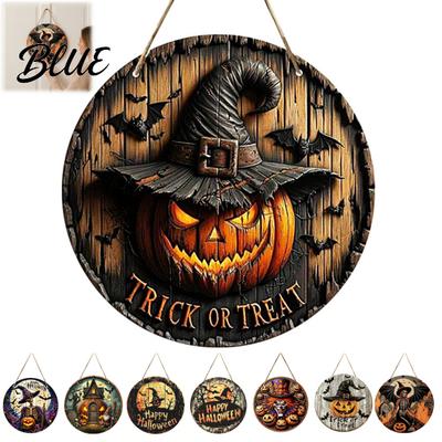 Artistic Wall Hanging Decoration Halloween Wooden Sign Round Pendant with Lanyard Retro Distressed Farmhouse Style
