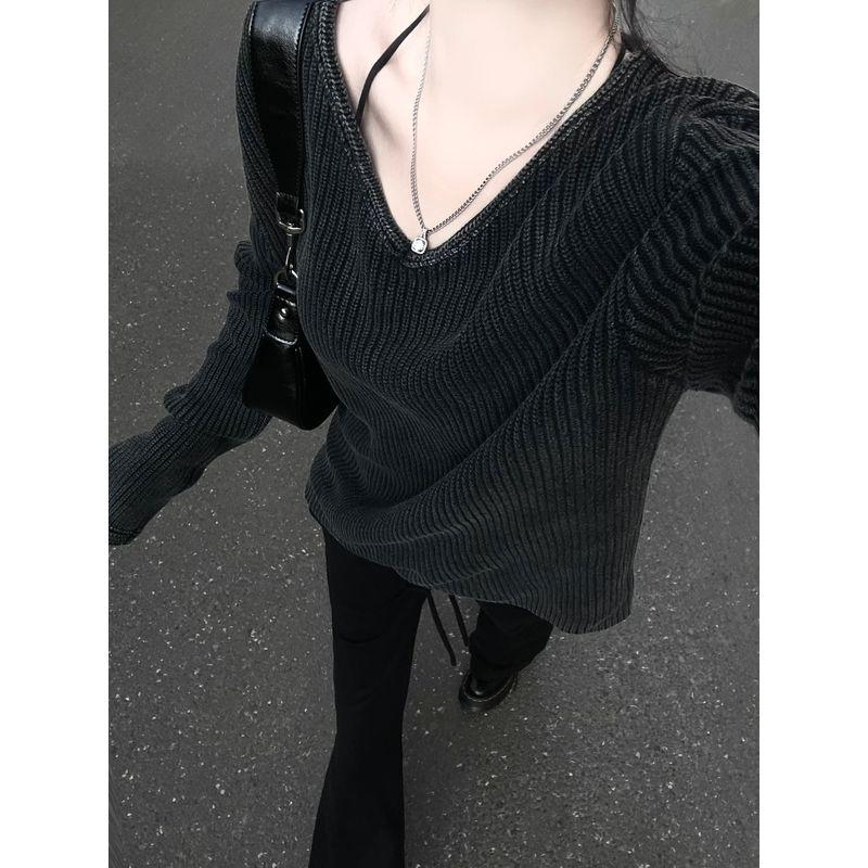 

Washed Gray Idle Style V-neck All-Matching Bottoming Sweater Black S