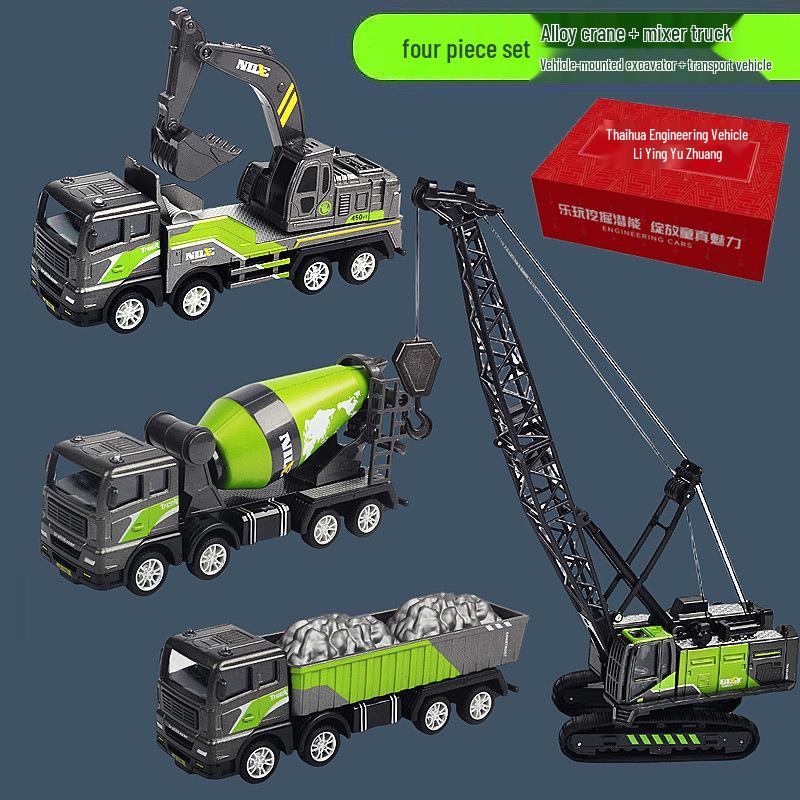Children's Alloy Construction Vehicle Set: Excavator, Snowplow, Crane, Mixer Truck Simulation Toys