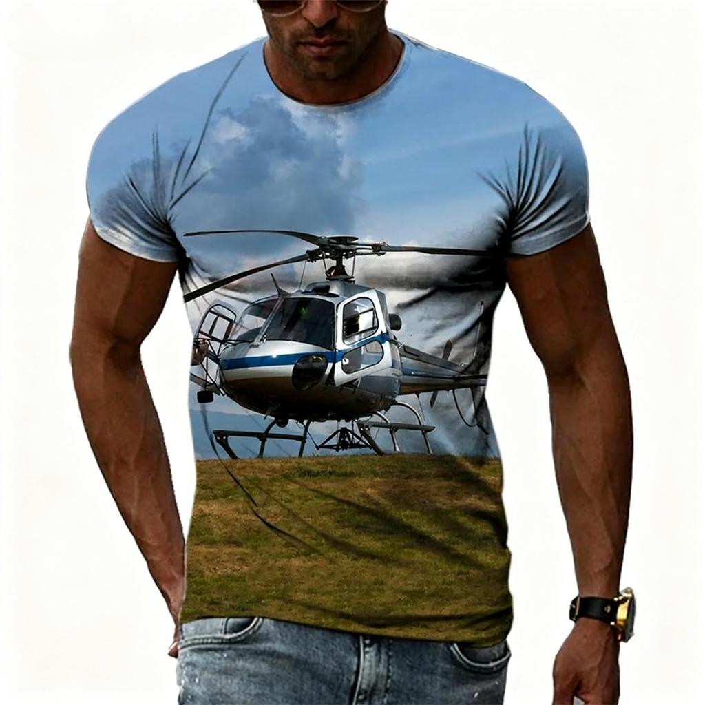 Summer Round Neck 3D Helicopter Pattern Print Top Fashionable Casual Short Sleeved Men's T-shirts