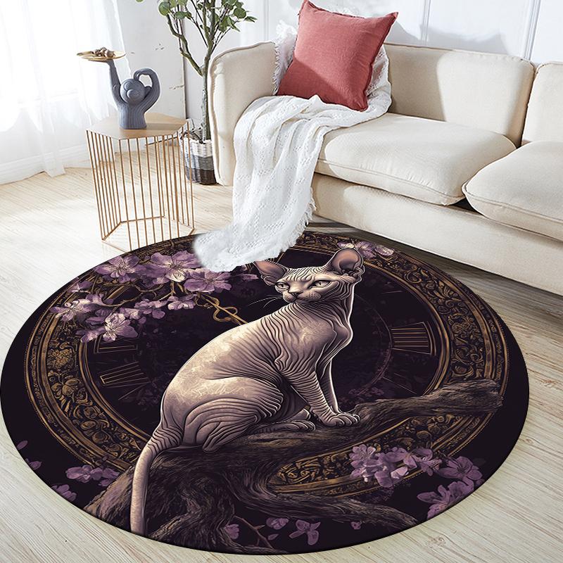 Sphynx Cat and Flowers pattern round rug,Carpet Rug for Living Room Bedroom Sofa Playroom Decor,Non-slip Floor Mat,Holiday Gifts and Birthday Gifts
