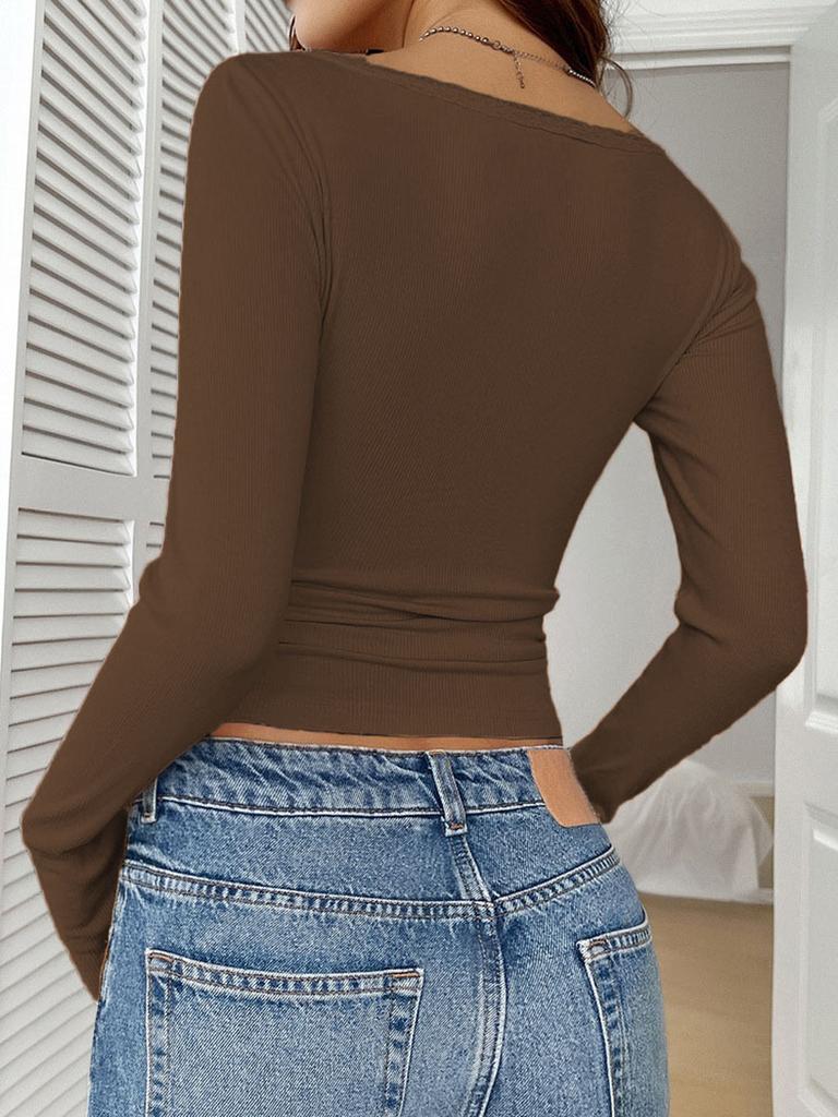 Nuovo Top da Donna Autunno Inverno con Pizzo Floreale, Bottoni, Scollo a V, Vestibilità Aderente, Manica Lunga