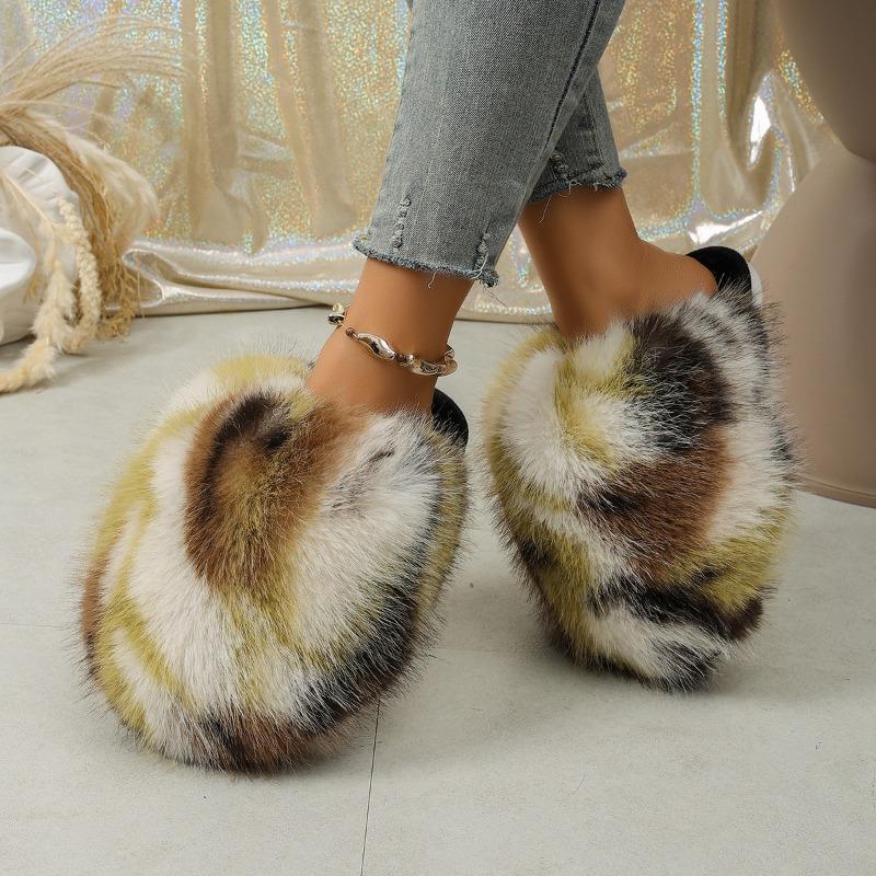Autumn and winter imitation fox hair leopard print slippers women's warm fluffy plush cotton slippers