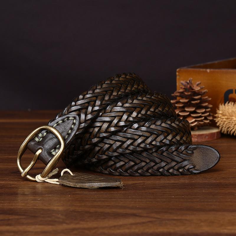 New Leather Copper Buckle Handwoven Belt Women'S Leather First Layer Cowhide Versatile Retro Woven Jeans Belt