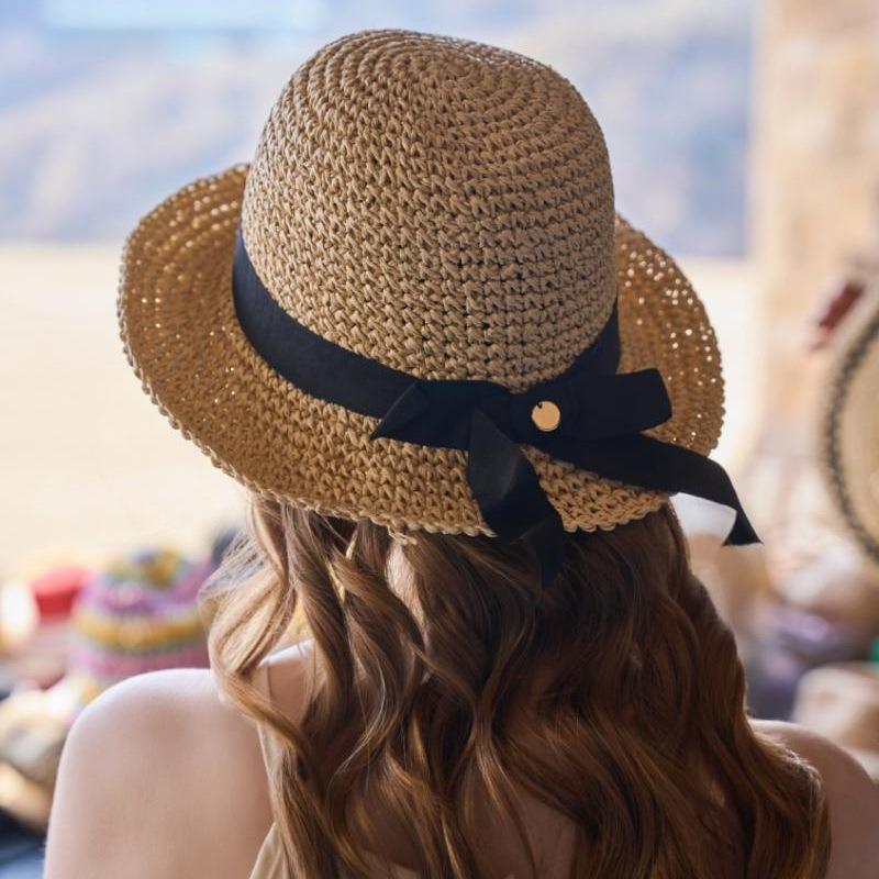 Summer bow woven hollow breathable hat sun hat women's sun protection versatile beach straw woven basin hat