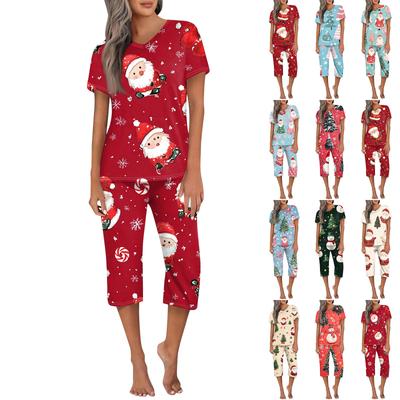 Women's Casual Sports Pajamas Short Sleeve Cropped Pants Christmas Printed Set