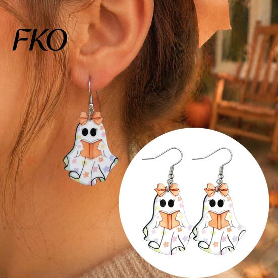 Hypoallergenic Alloy Hooks Cute Reading Ghost Earrings, Sweet Bowknot Drop Polished Acrylic Charms Lightweight Halloween Jewelry for Women Girls