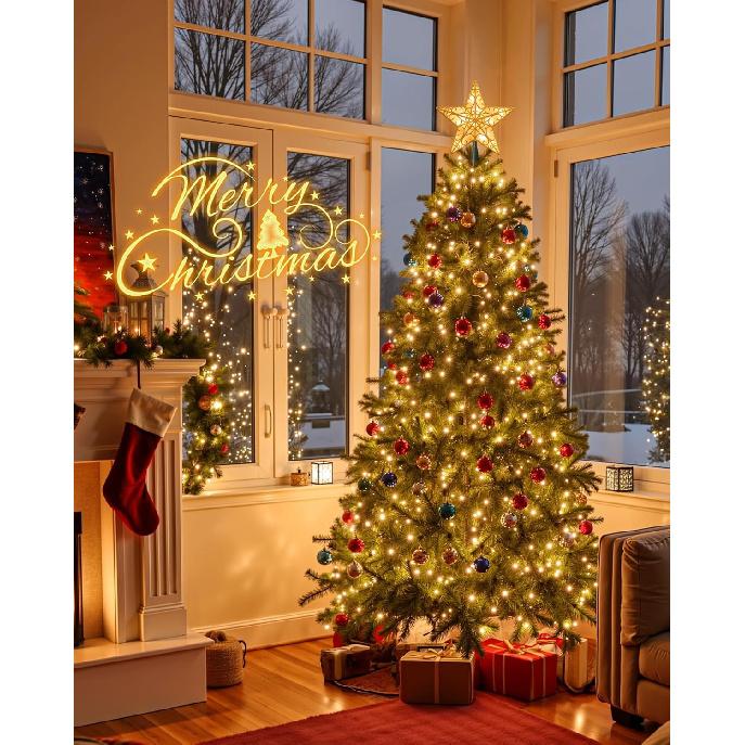 Christmas Star Tree Topper, Plug in Sliver Glittered 3D Star Tree Topper, Metal Hollow Designed Built-in 10 Bulbs String Lights for Indoor Office