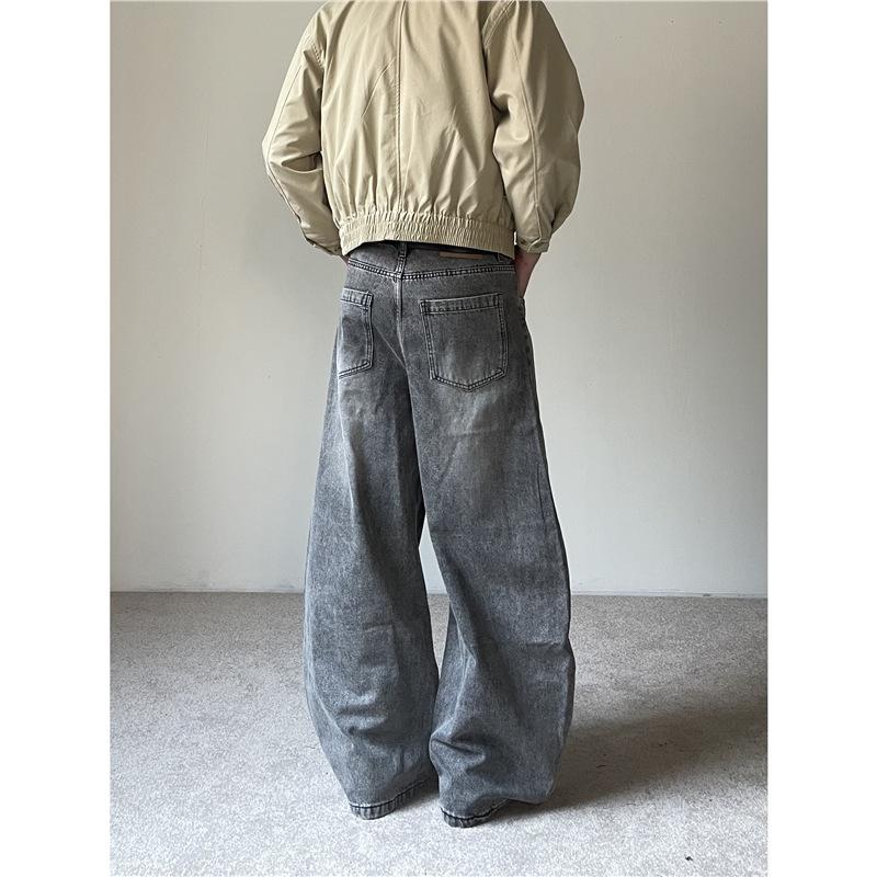 American casual straight three-dimensional cutting silhouette washed jeans men's and women's loose wide-leg drape trousers tide