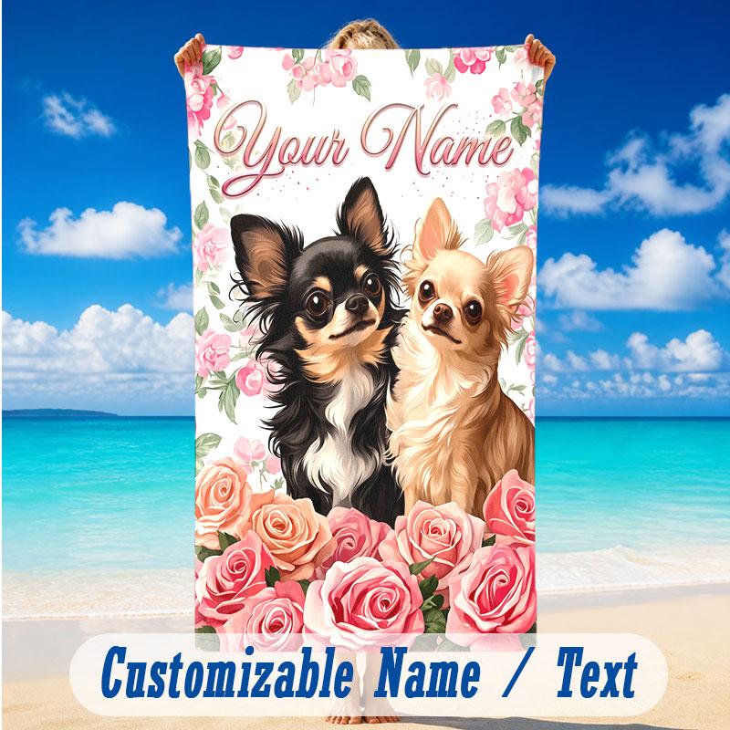 Dog Theme Beach Towel Personalized Custom Name & Text Soft Quick Dry Beach Towel for Swimming Travel