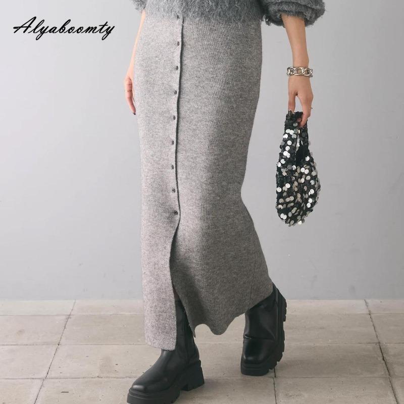 2025 Korean Style Spring Autumn Women Midi Skirt High Waist Black Gray Knitting Skirt Feminine Buttons Split Knitted Skirts Womens
